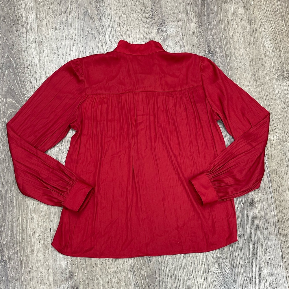 Anthropologie Deep Red Pleated Long Sleeve Blouse - Picture 2 of 5